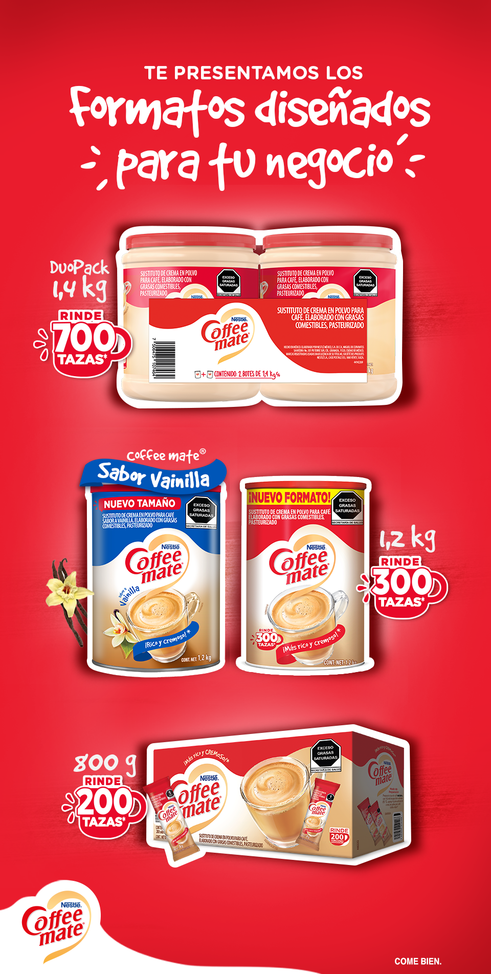 Tres formatos de COFFEE MATE®: tarro 1.4kg, lata 1.2kg, caja de sobres 800g