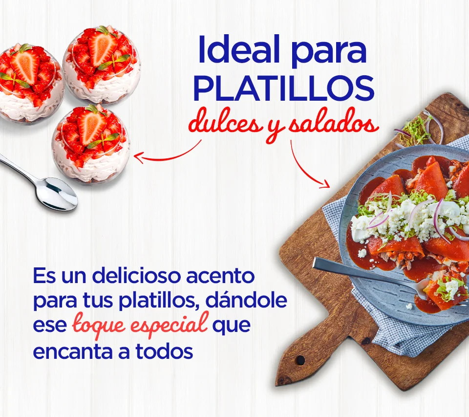 Fresas con crema y tacos que muestran la variedad de usos de NESTLÉ® Media crema