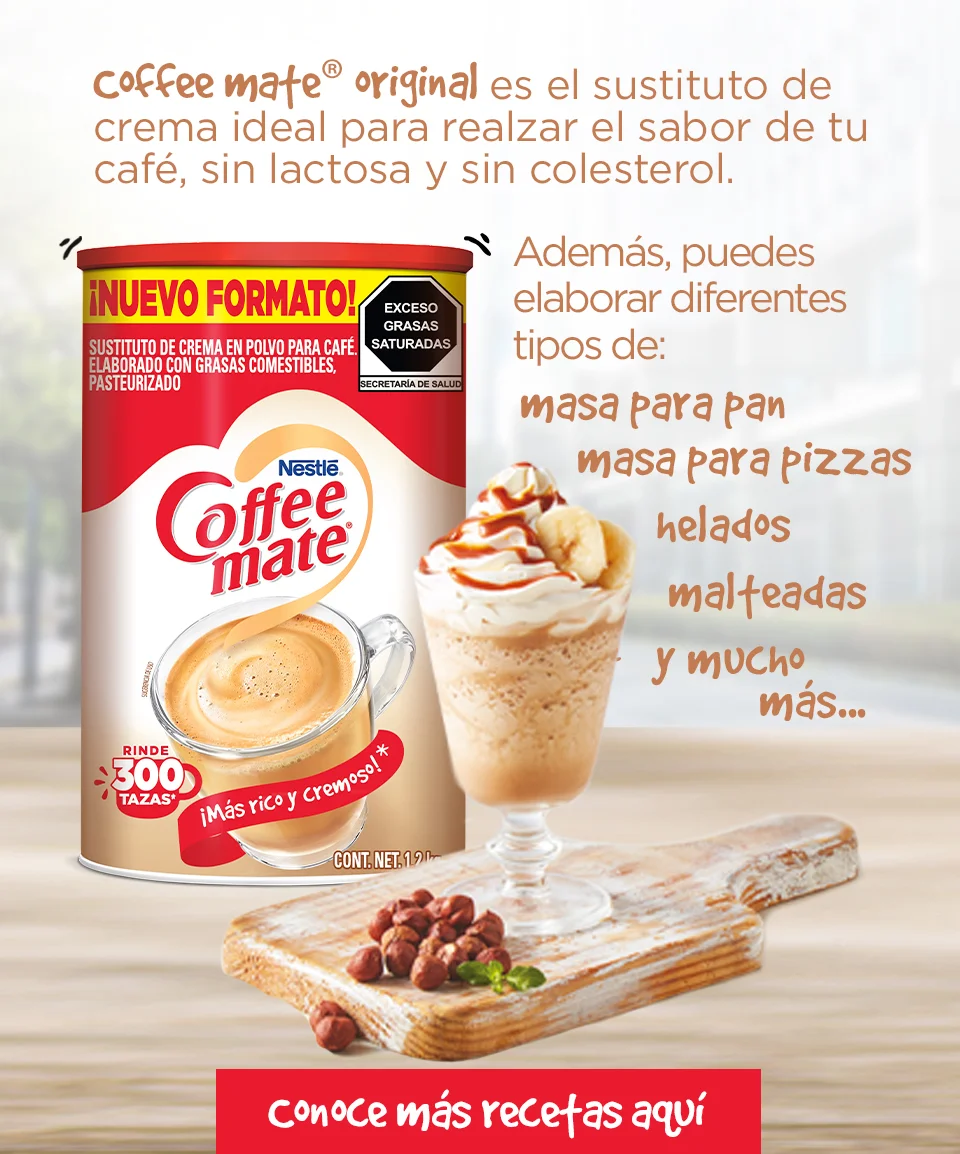 Lata de COFFEE MATE® junto a un frapé con crema que destacan la variedad de usos del producto