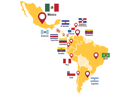 Un mapa con los países de latinoamérica donde está activo el programa Yocuta