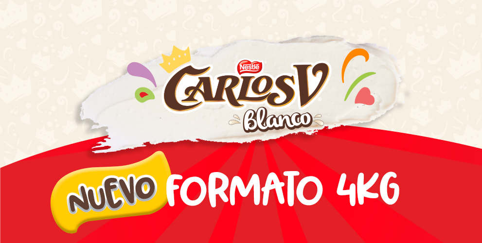 Banner promocional destacando el chocolate CARLOS V® blanco en su nuevo formato de 4kg