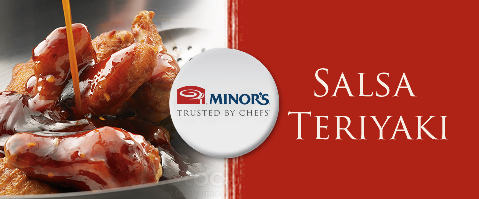 Banner con alitas de pollo acompañado del logo de MINOR'S® y el texto Salsa teriyaki