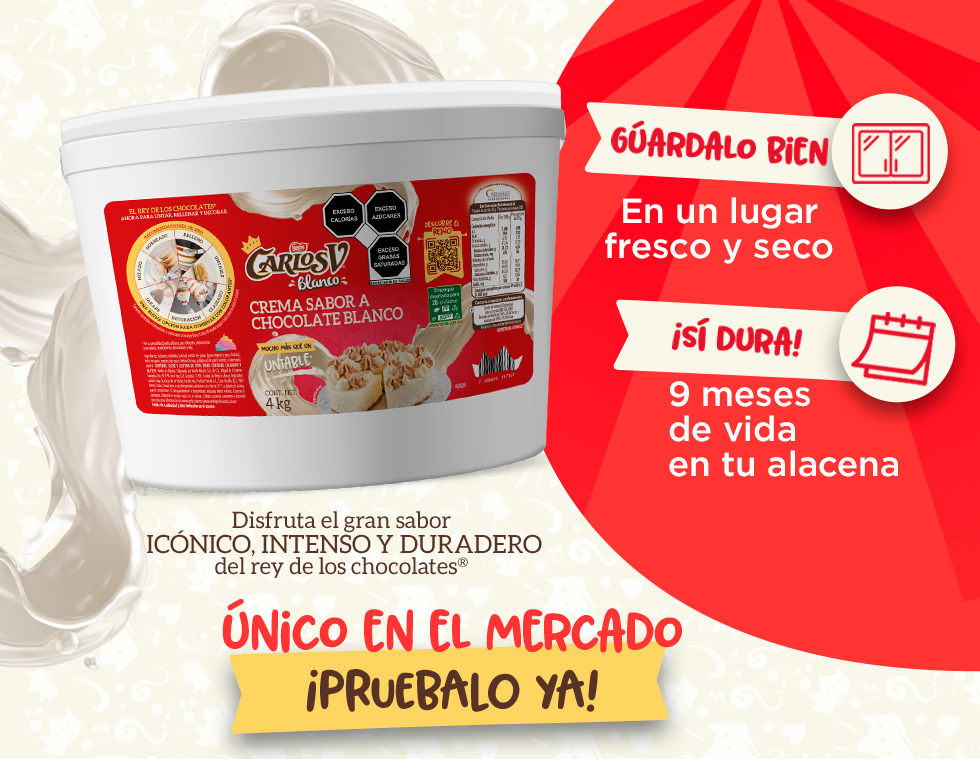 Banner promocional destacando el chocolate CARLOS V® blanco y sus beneficios