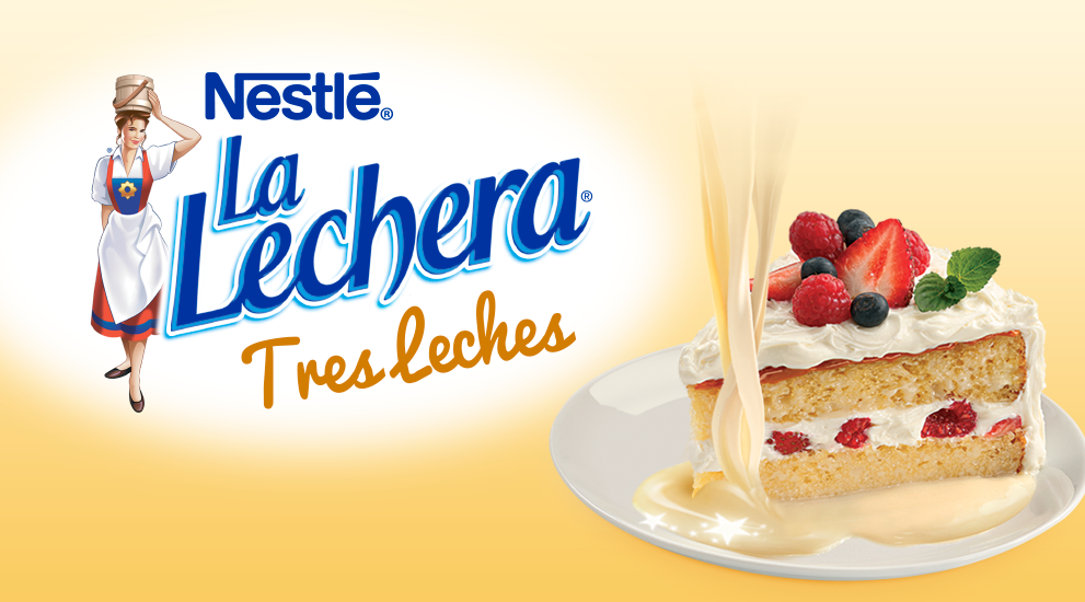 Rebanada de pastel sobre fondo amarillo y logotipo de LA LECHERA® Tres leches