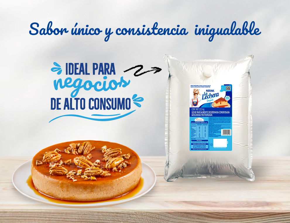 Banner con flan de caramelo que destaca la consistencia de la Leche condensada LA LECHERA®
