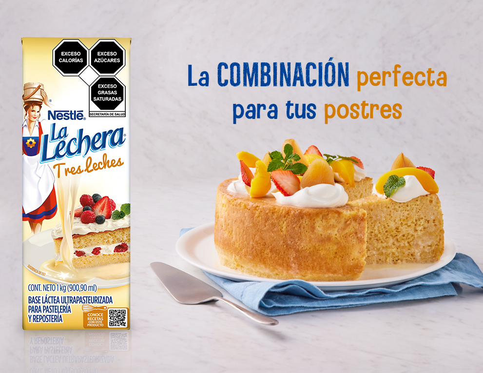 Banner promocional con bizcocho sobre plato blanco y caja de LA LECHERA® Tres leches