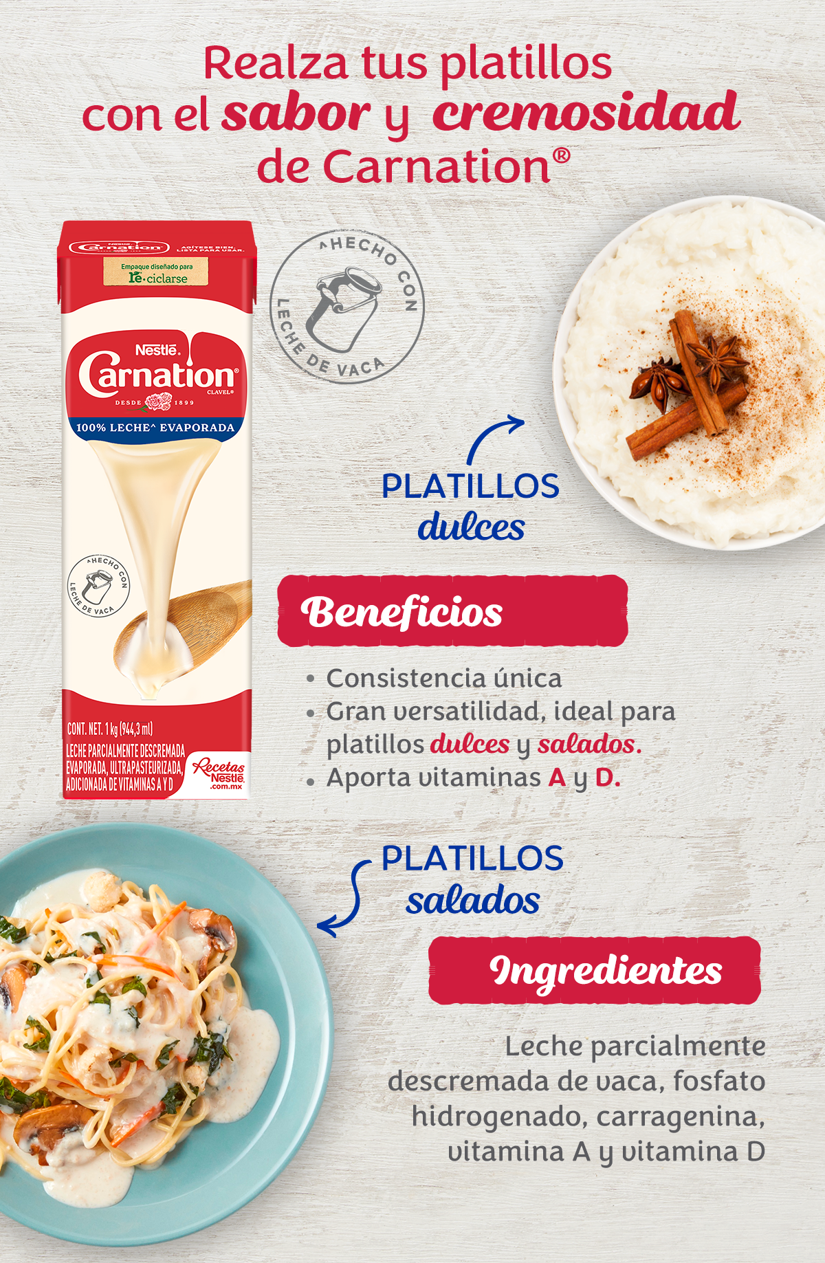 Banner con beneficios e ingredientes de la Leche evaporada CARNATION®