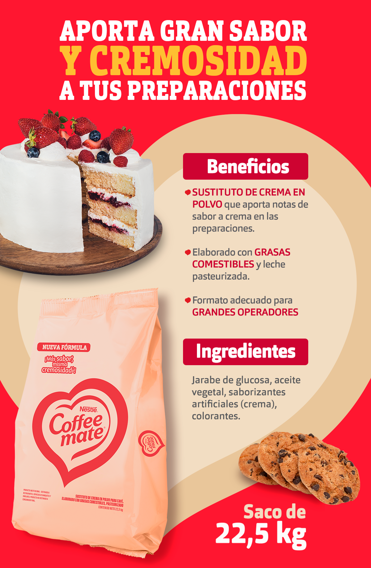Banner con beneficios e ingredientes del Sustituto de crema COFFEE MATE®