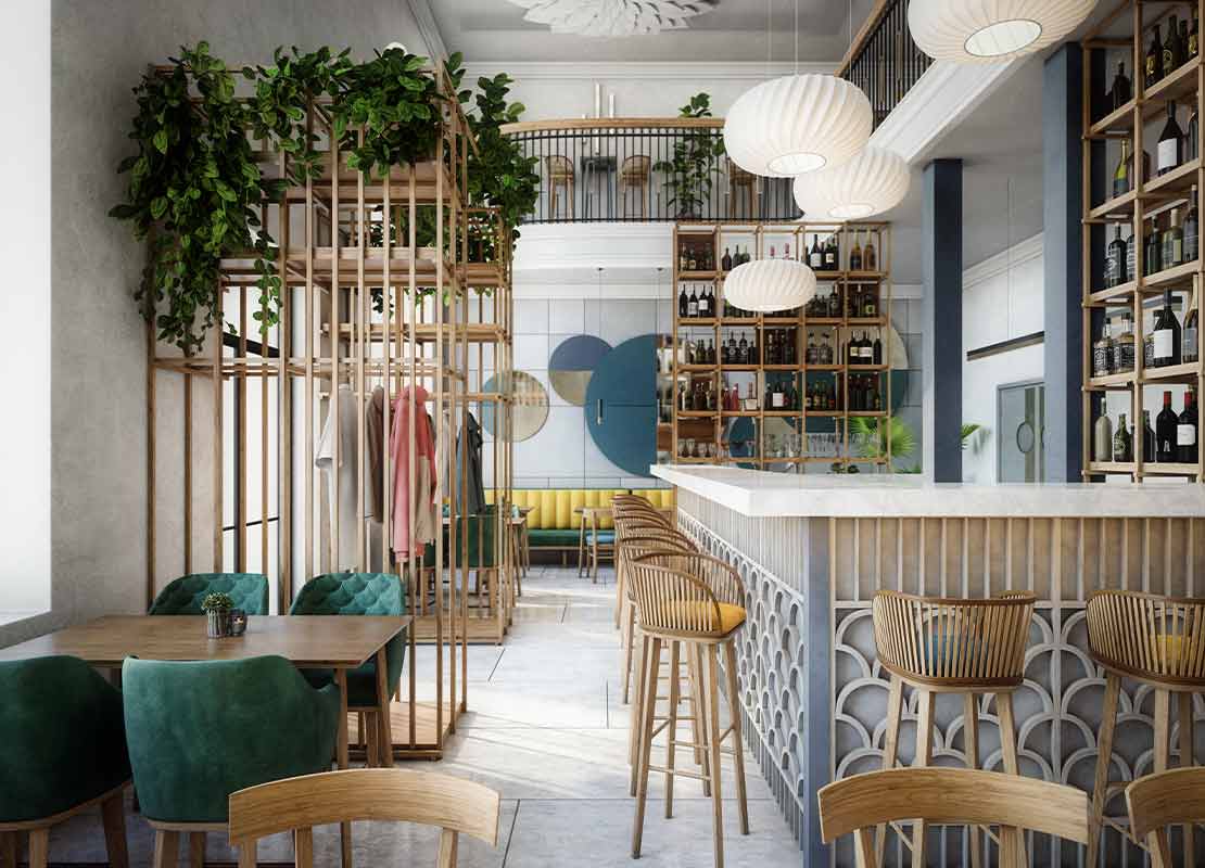 Interior acogedor y moderno diseñado en la decoración de restaurantes con mobiliario, iluminación, plantas y estanterías
