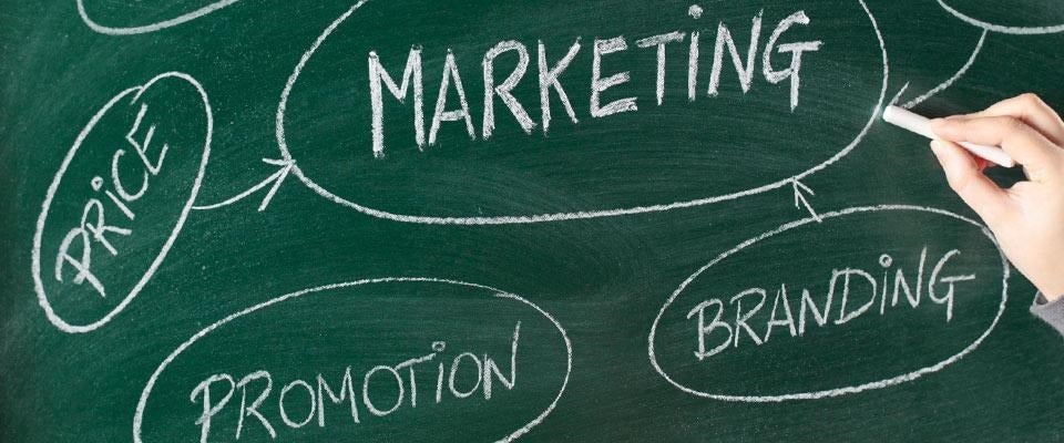 Pizarra verde con las palabras "Marketing, Promoción y Branding" escritas en ella