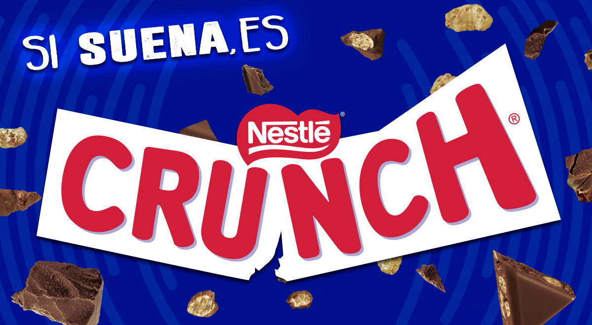 Banner azul con trozos de chocolate y el logotipo de NESTLÉ® CRUNCH®