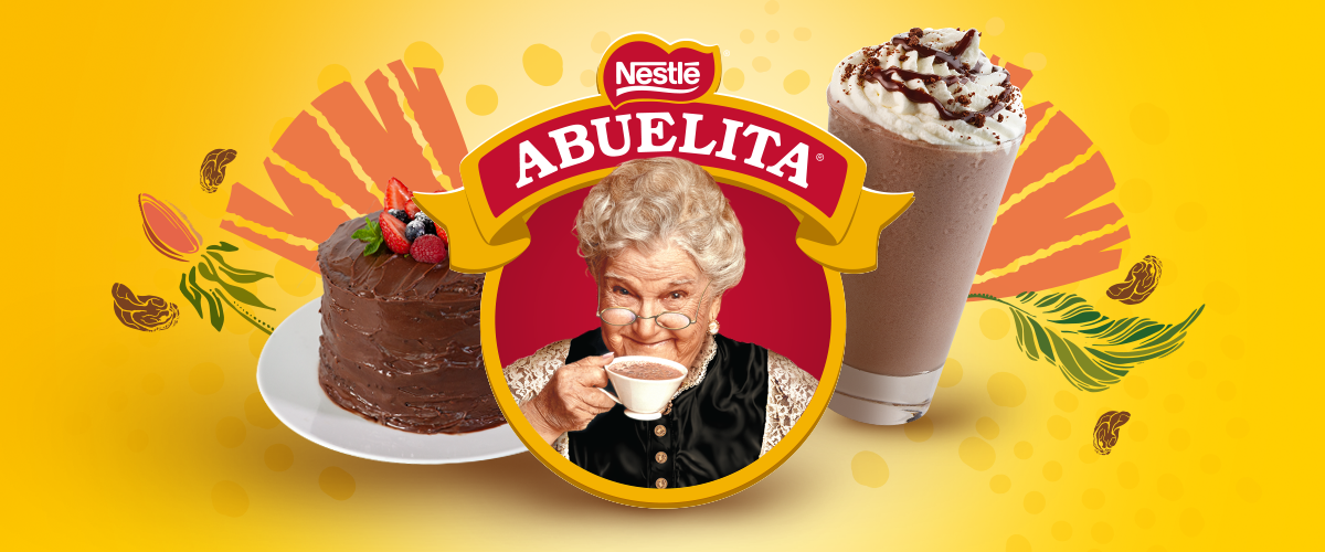 Banner con logotipo de Chocolate ABUELITA® sobre fondo amarillo con un pastel y un sorbete
