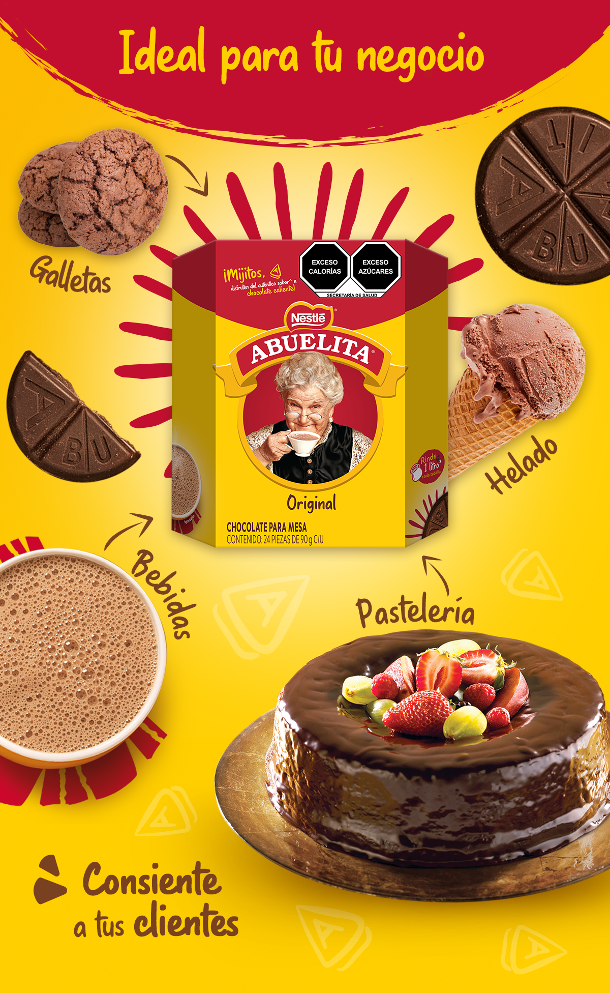 Pastel, helado, galletas y bedidas de chocolate preparados con Chocolate ABUELITA® tableta