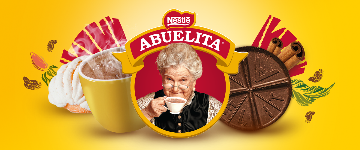 Banner con logotipo de Chocolate ABUELITA® acompañado de tableta de canela y taza de chocolate