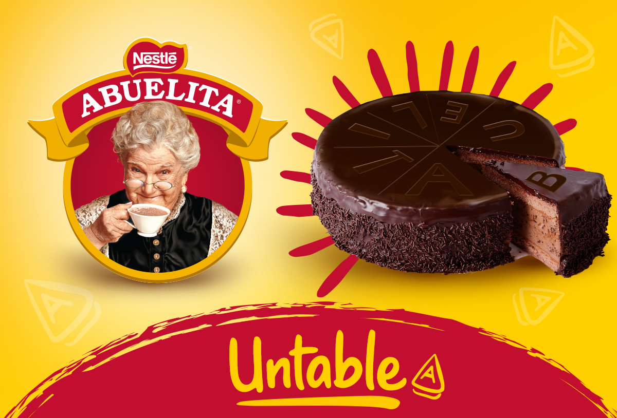 Banner con logotipo de Chocolate ABUELITA® untable acompañado de un bizcocho de chocolate