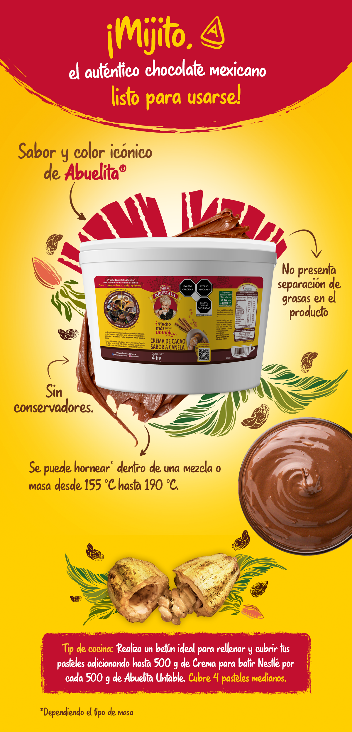 Infografía con beneficios y características del Chocolate ABUELITA®untable