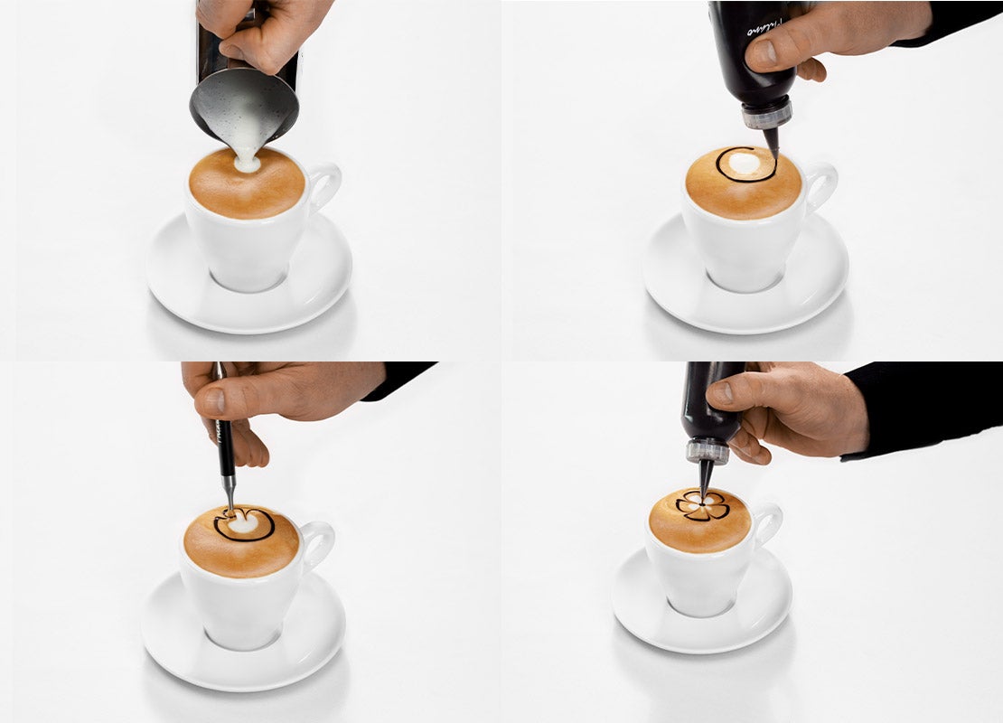 Paso a paso de la preparación de una taza de café usando la técnica de latte art de etching