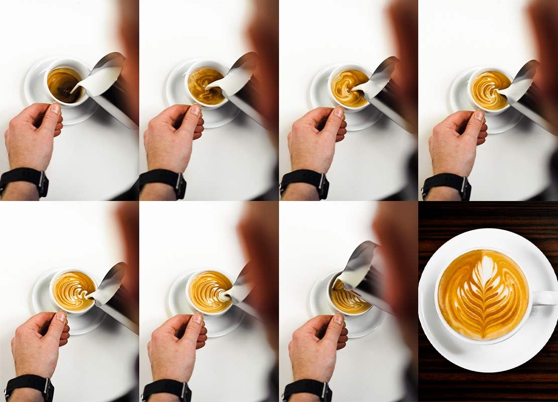 Paso a paso de la preparación de una taza de café usando la técnica de latte art de swirling