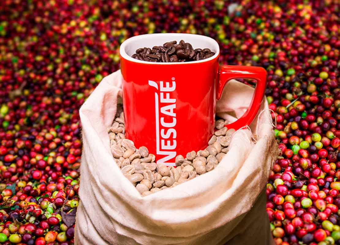 Taza roja llena de café en grano NESCAFÉ® en una bolsa con café verde y rodeado de cerezas