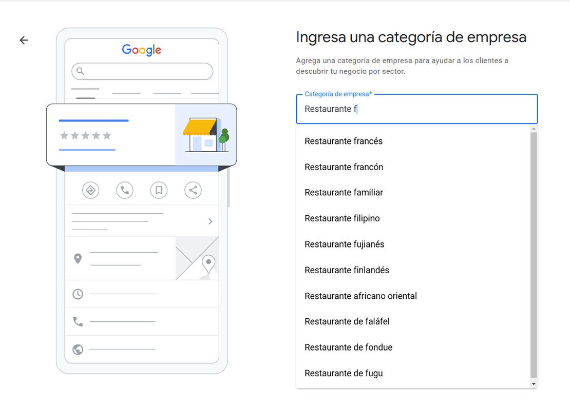Página de Google My Business para ingresar la categoría de un restaurante con un listado predictivo