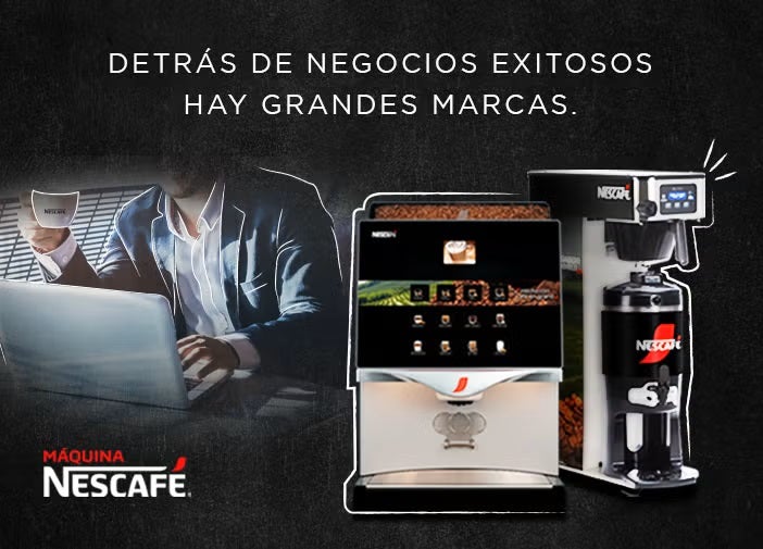 Persona tomando café con máquina NESCAFÉ®; el texto arriba dice: Detrás de los negocios exitosos hay grandes marcas.