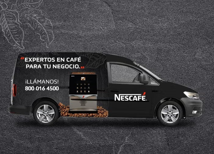 Furgoneta NESCAFÉ® de color negro con gráfico de máquina de café e información de contacto en su lateral.