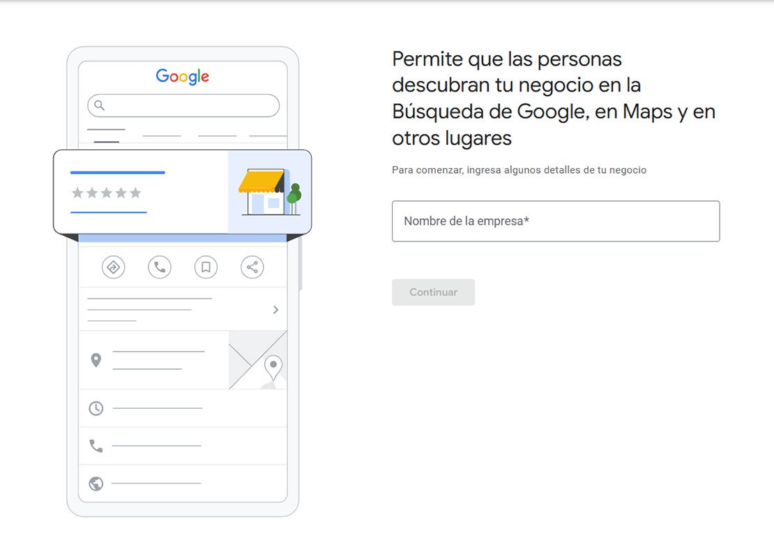 Página de Google My Business para crear un perfil, con campos como nombre y categoría de la empresa