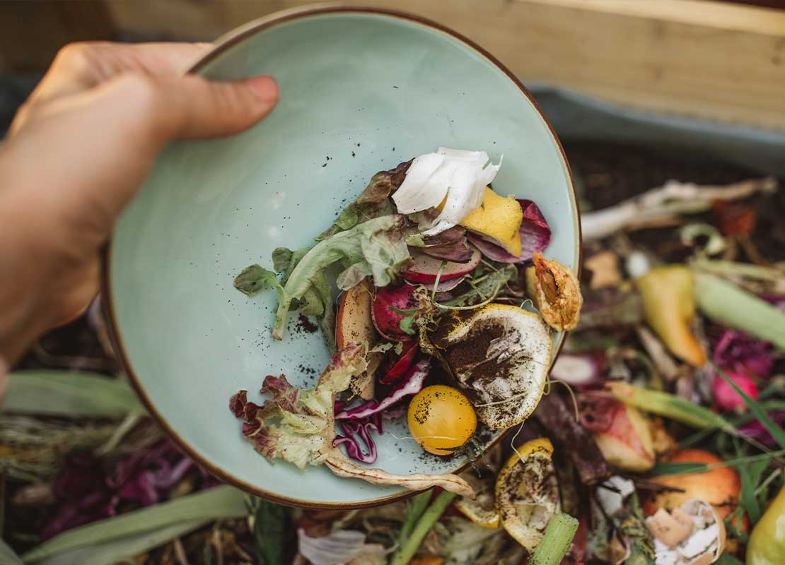 Mano de mujer arroja de un plato diferentes residuos de alimentos a una caja de composta