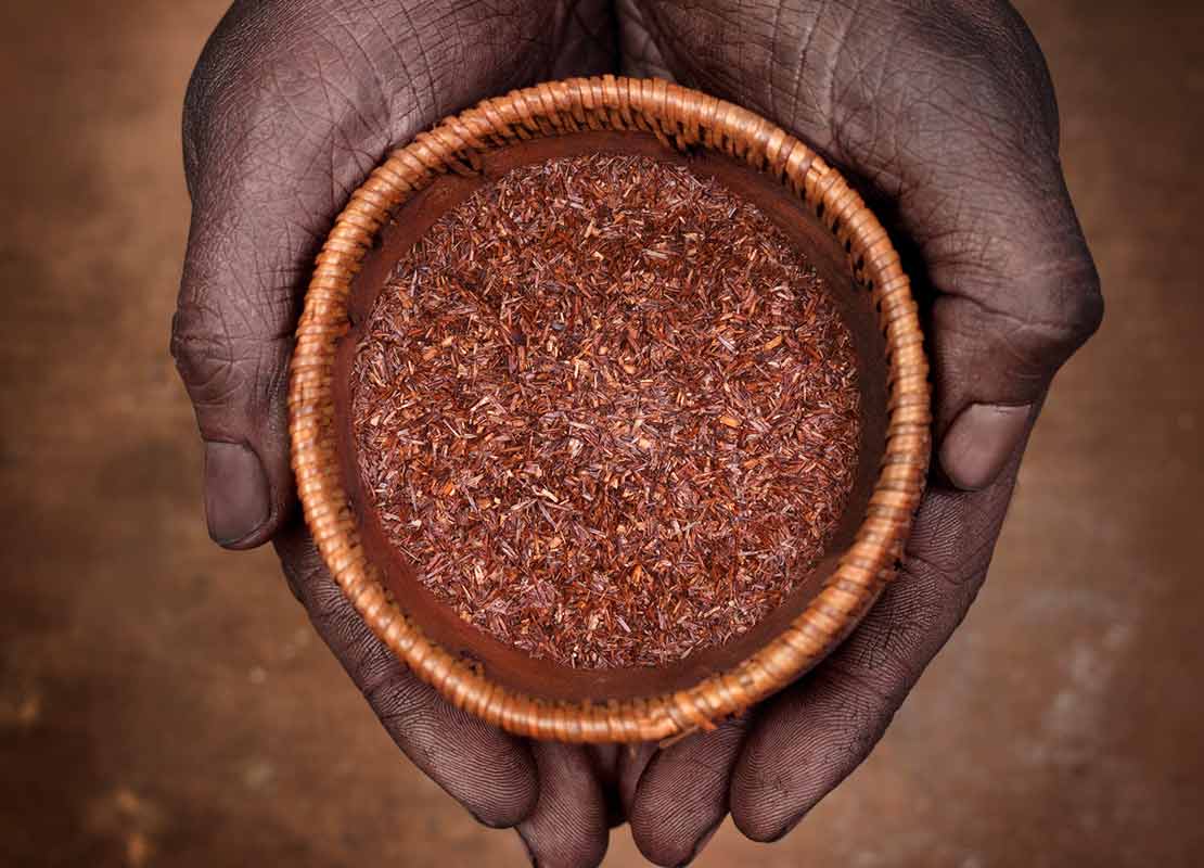 Manos juntas sostienen un vaso con diseño tradicional con una bebida de Rooibos infusionado