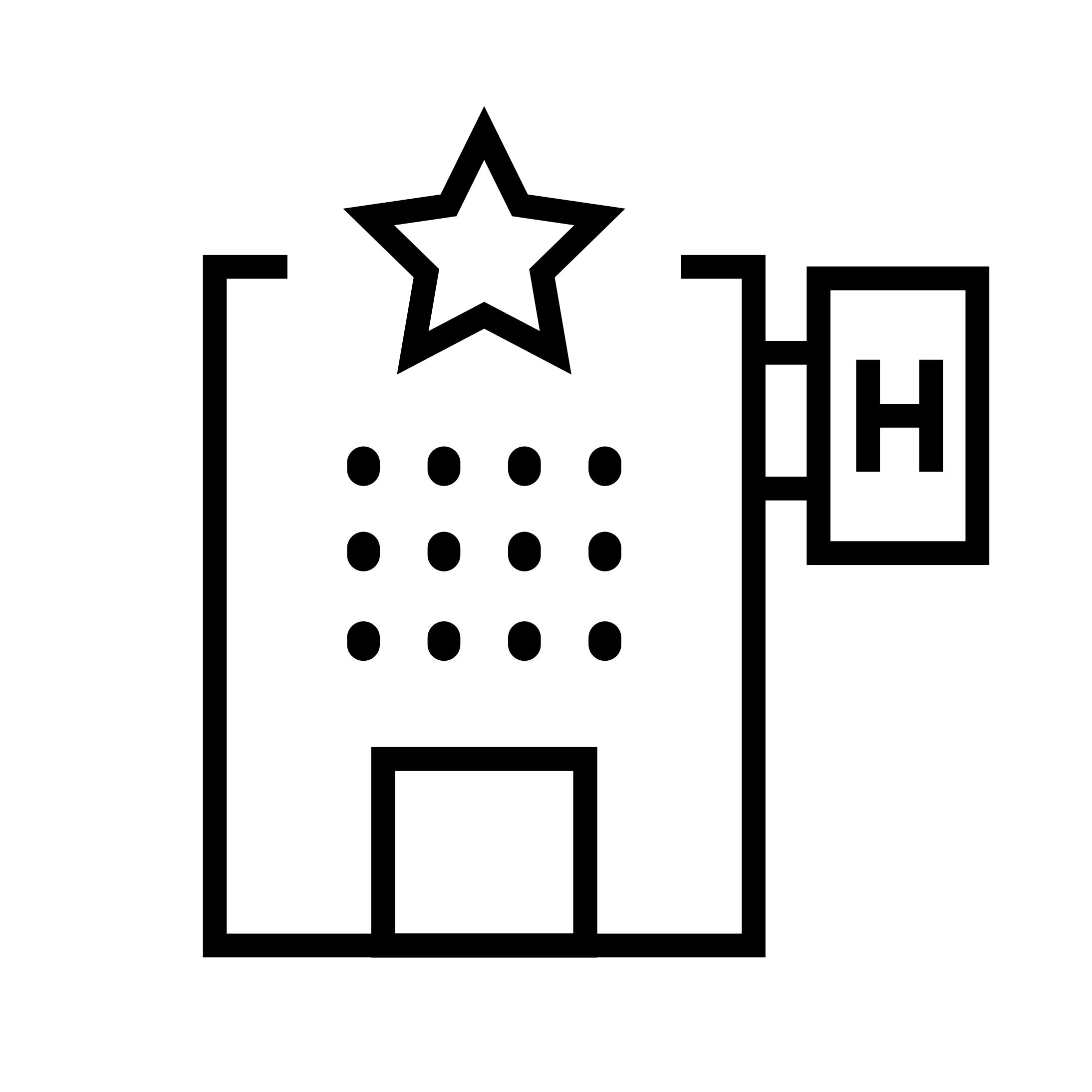 Ícono de hotel: un edificio de hotel con una estrella y con letra H