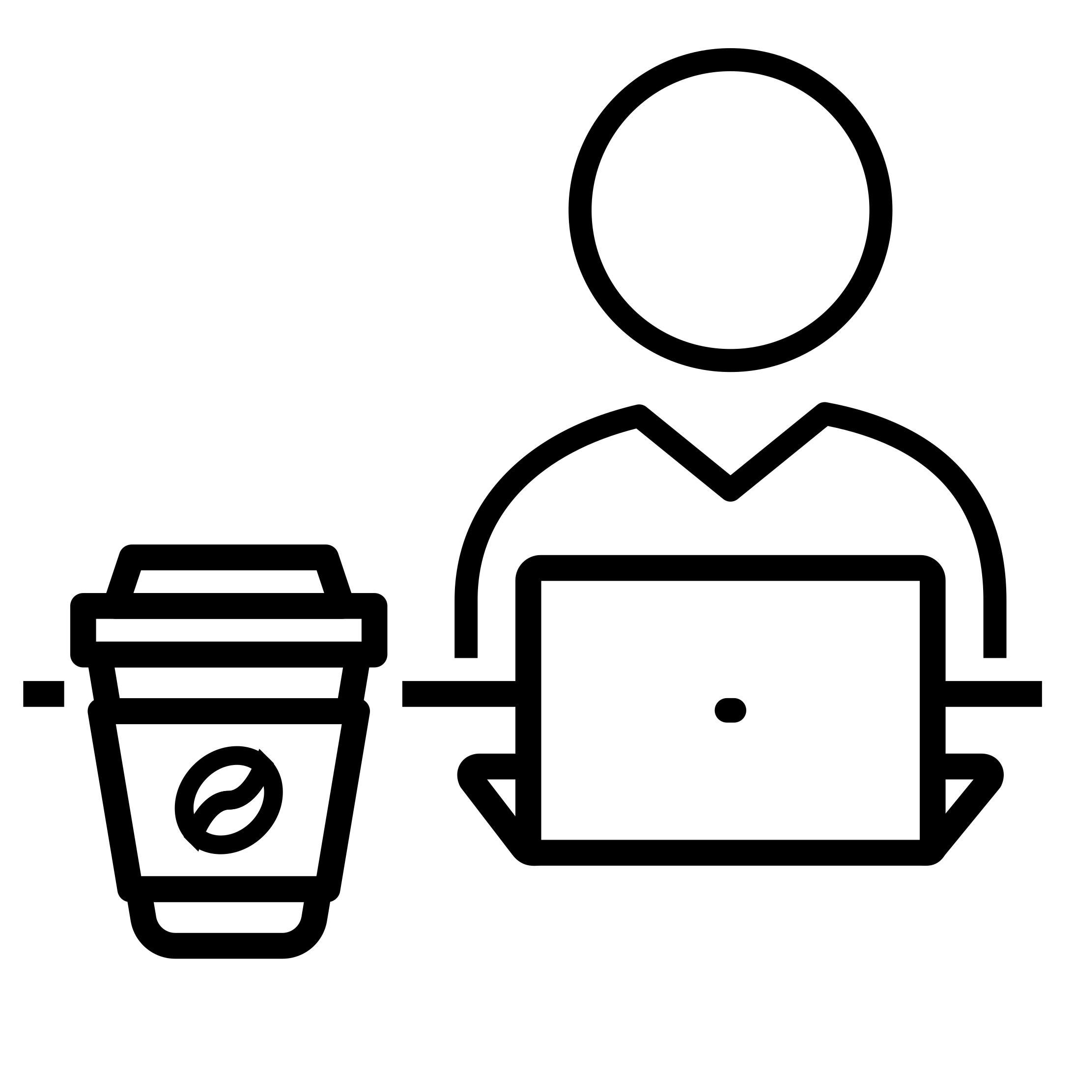 Ícono de oficinas: hombre trabajando en su computador acompañado de una taza de café