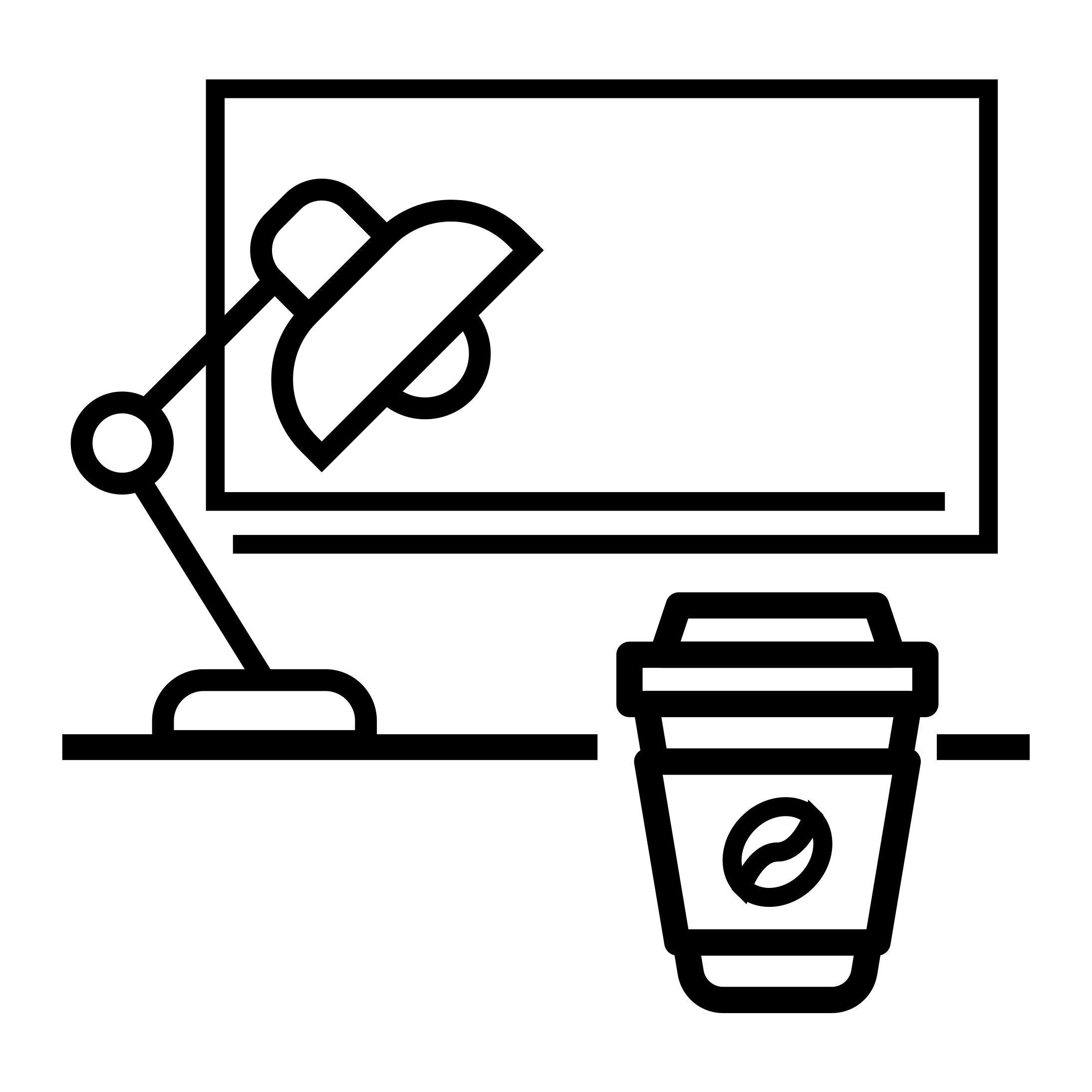 Ícono de universidades: un pizzarón, acompañado de una linterna y un café