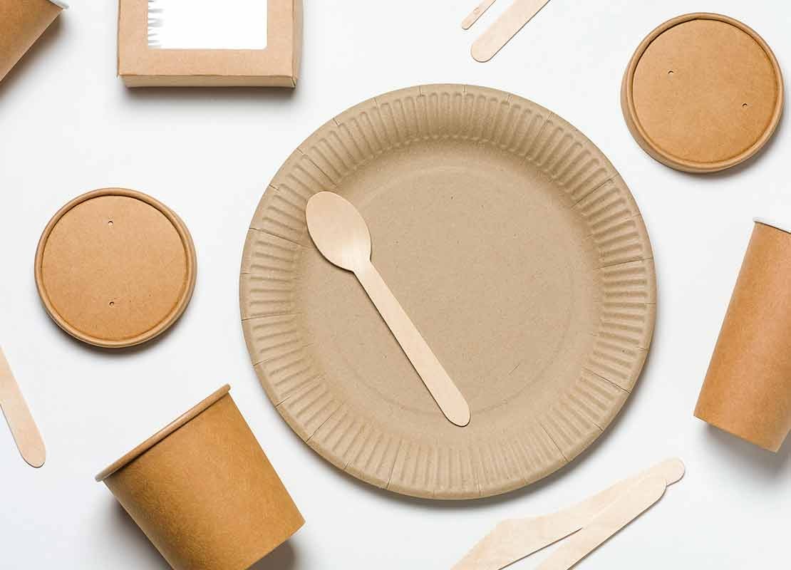 Platos, cucharas, cubiertos, tapas y cajas de material biodegradable negocio de foodservice
