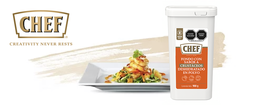 Banner blanco con tarro de CHEF® Fondo de crustáceos y un plato de camarones