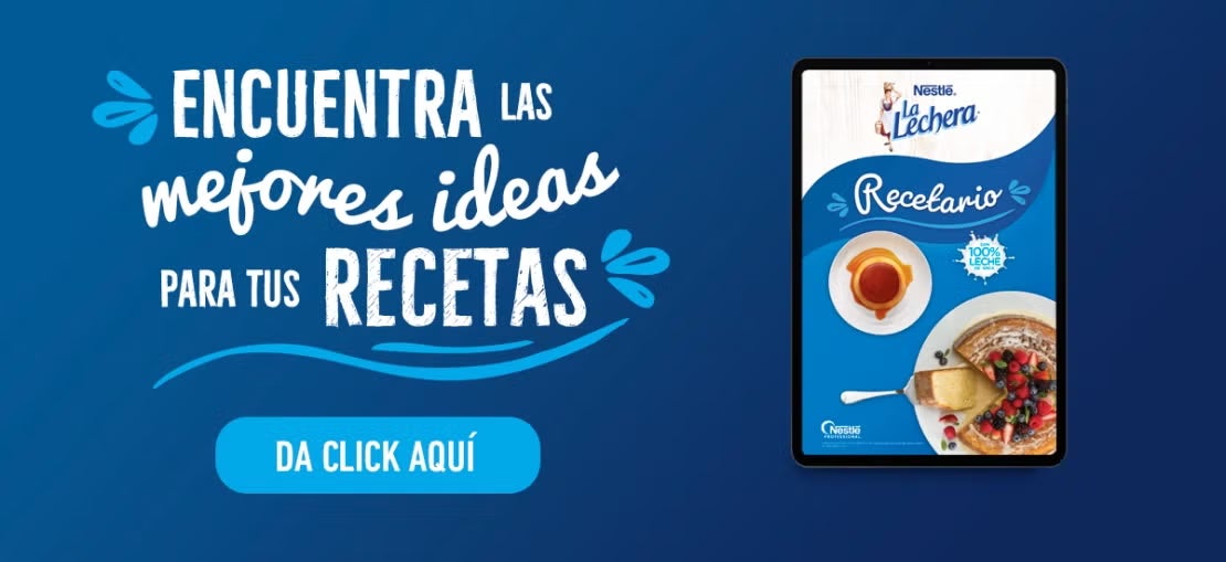 Banner azul que invita a conocer el recetario de LA LECHERA®