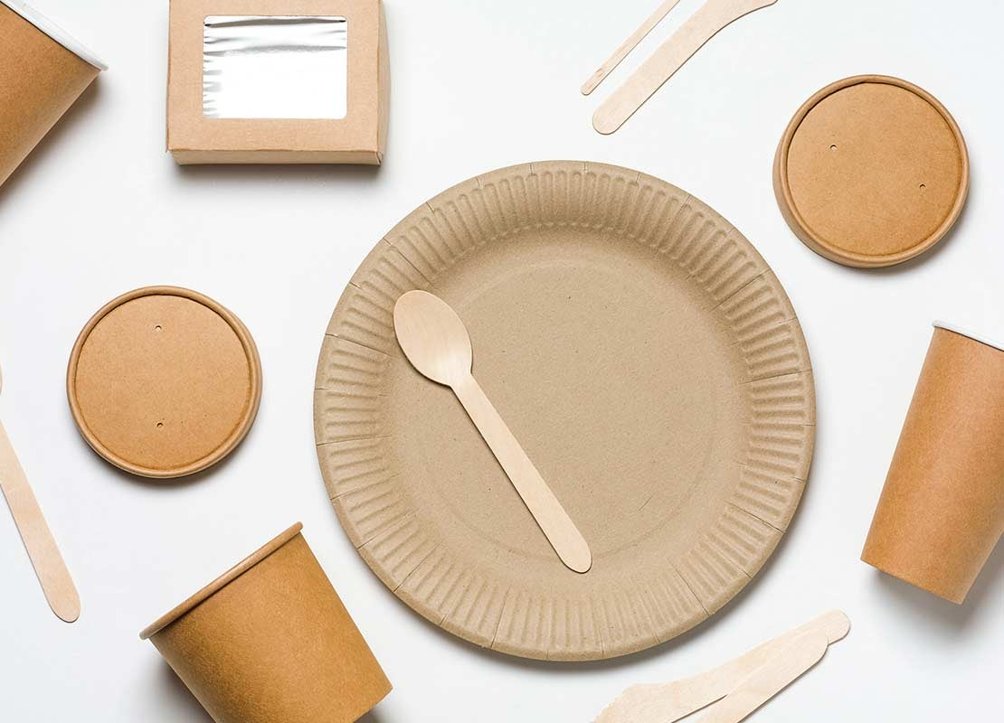 Vajilla ecológica desechable de cartón y madera, ejemplo de piezas sostenibles