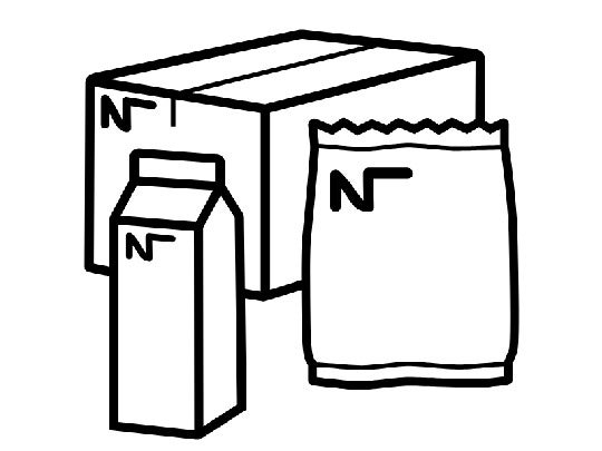 Ícono de formatos ideales: Una caja, una bolsa y un tetrapack con el ícono de Nestlé