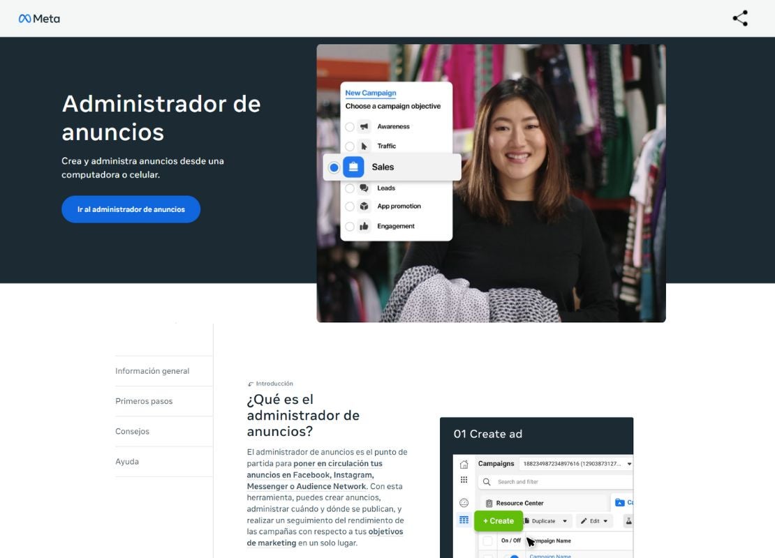 Interfaz del Administrador de Anuncios de Meta con opciones para crear campañas publicitarias.