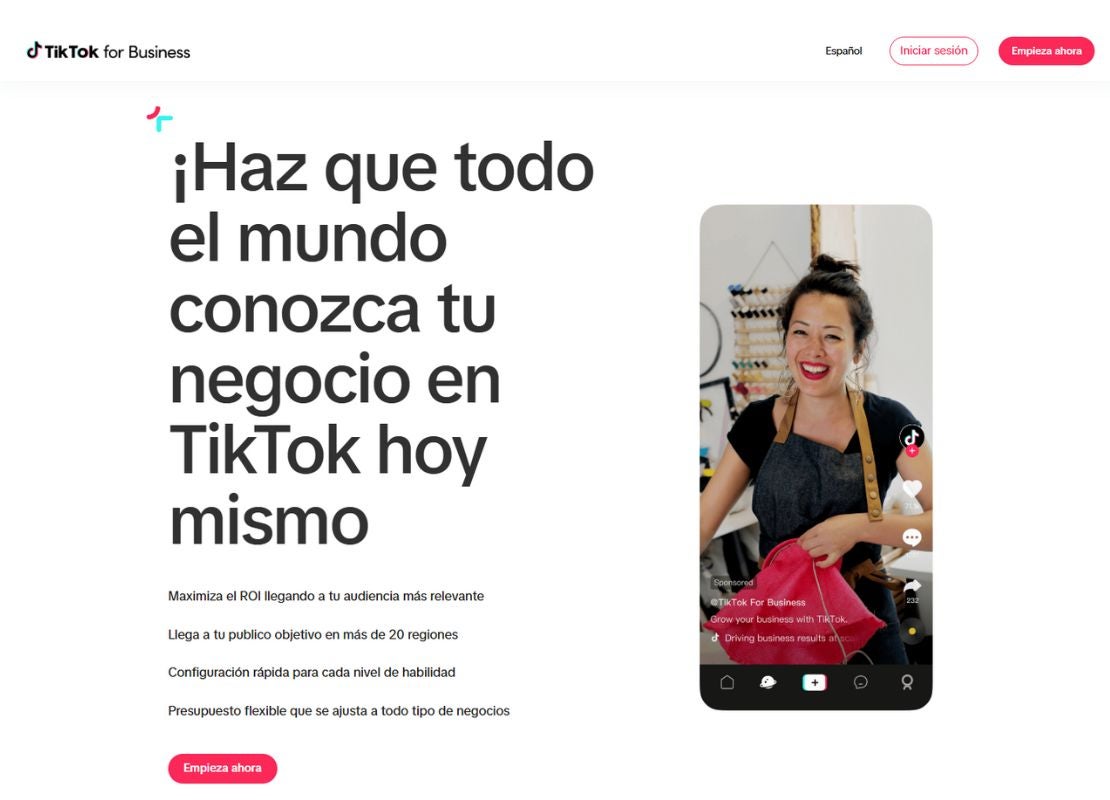 Página de TikTok for Business con opciones para iniciar campañas publicitarias para negocios.