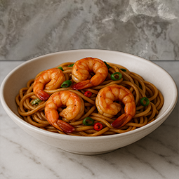 Plato de espagueti con camarones preparado con salsas, bases y especias Nestlé Professional