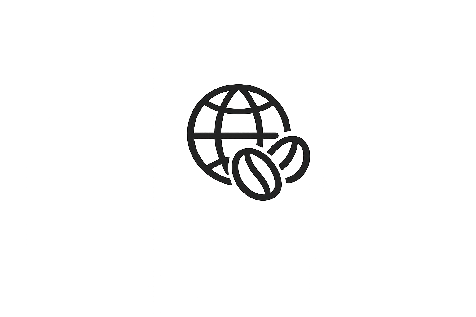 Ícono de globo terráqueo y grano de café que representa conexión y origen