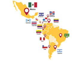 Mapa de América Latina que muestra los países donde está presente el programa YOCUTA