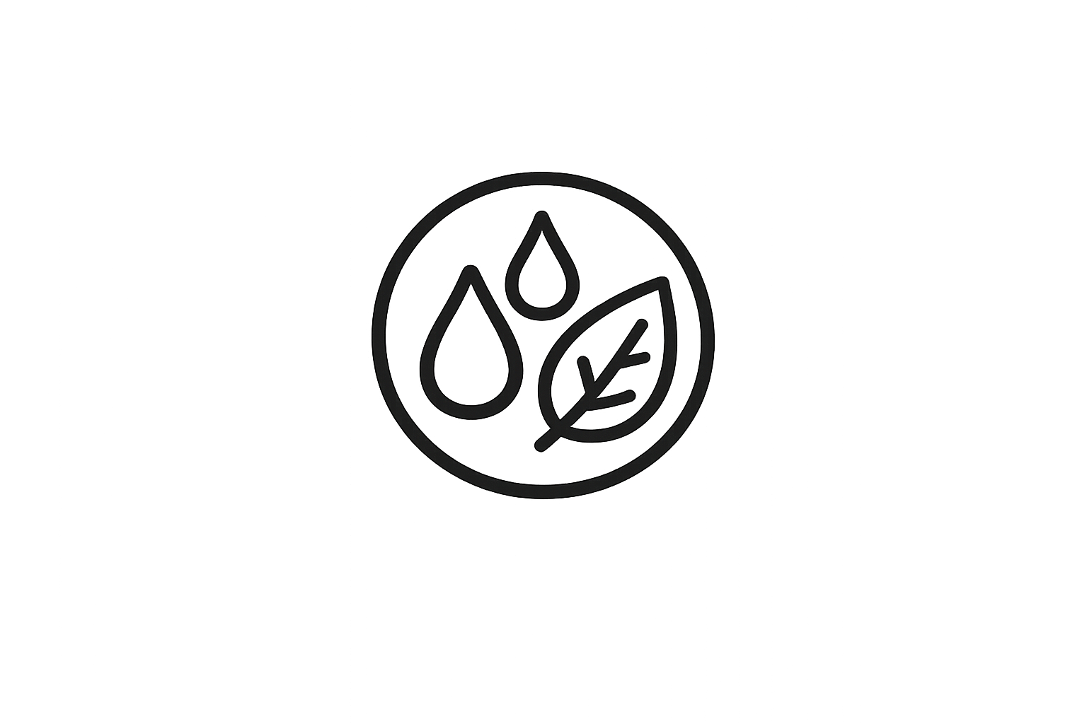 Gotas de agua y una hoja dentro de un círculo que representan cuidado ambiental y recursos naturales