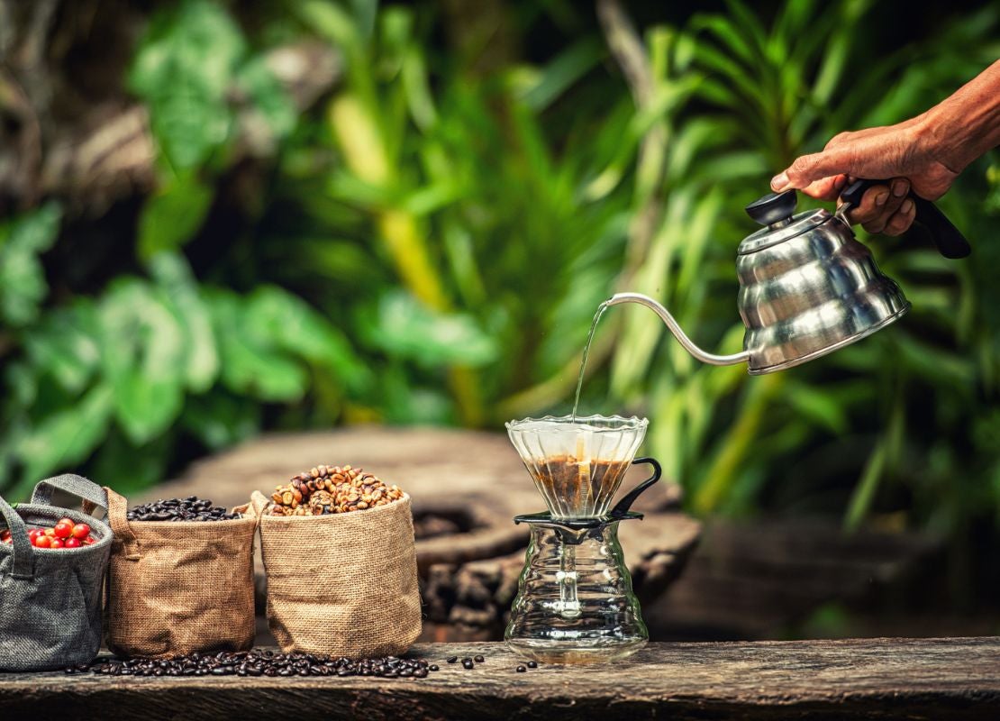 Preparación de café filtrado con cafetera de goteo junto a bolsas con cerezas y granos en un cafetal