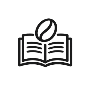 Ícono de libro abierto con grano de café que representa aprendizaje y conocimiento