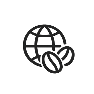 Ícono de globo terráqueo y grano de café que representa conexión y origen