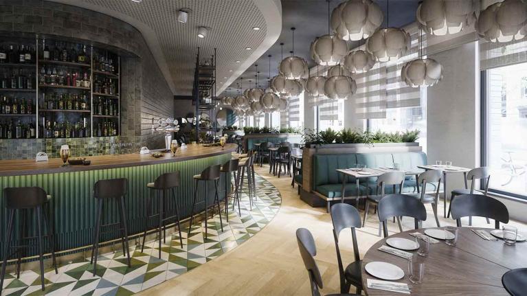 Restaurante moderno con mesas y barra como resultado del diseño de interiores