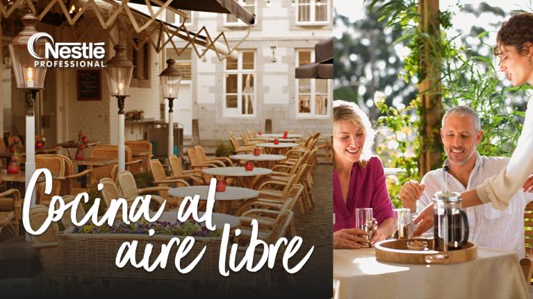 Terraza y servicio en mesa ilustran experiencias gastronómicas de cocina al aire libre.