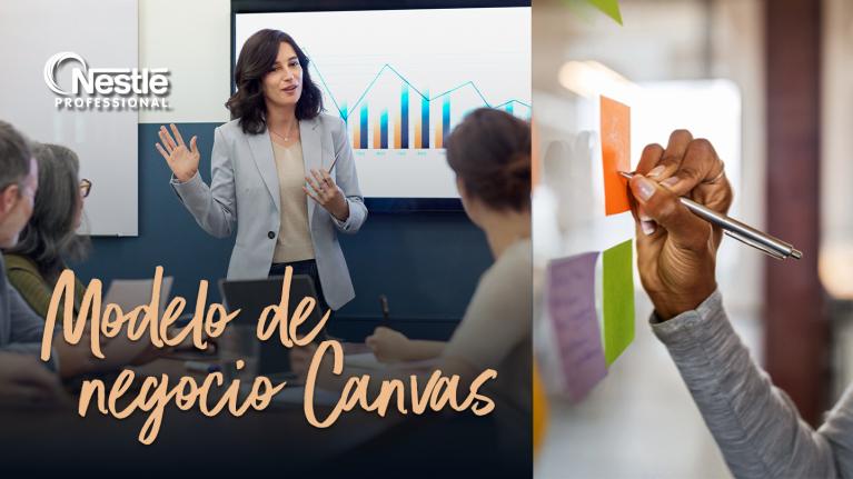 Profesional explica conceptos con gráficas y notas adhesivas para aplicar el modelo de negocio Canvas.