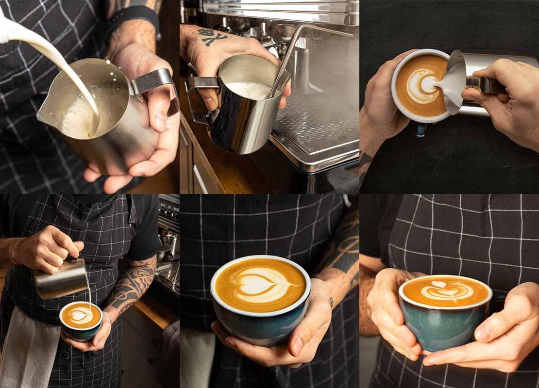 Paso a paso de la preparación de una taza de café por un barista que usa la técnica de latte art de vertido libre